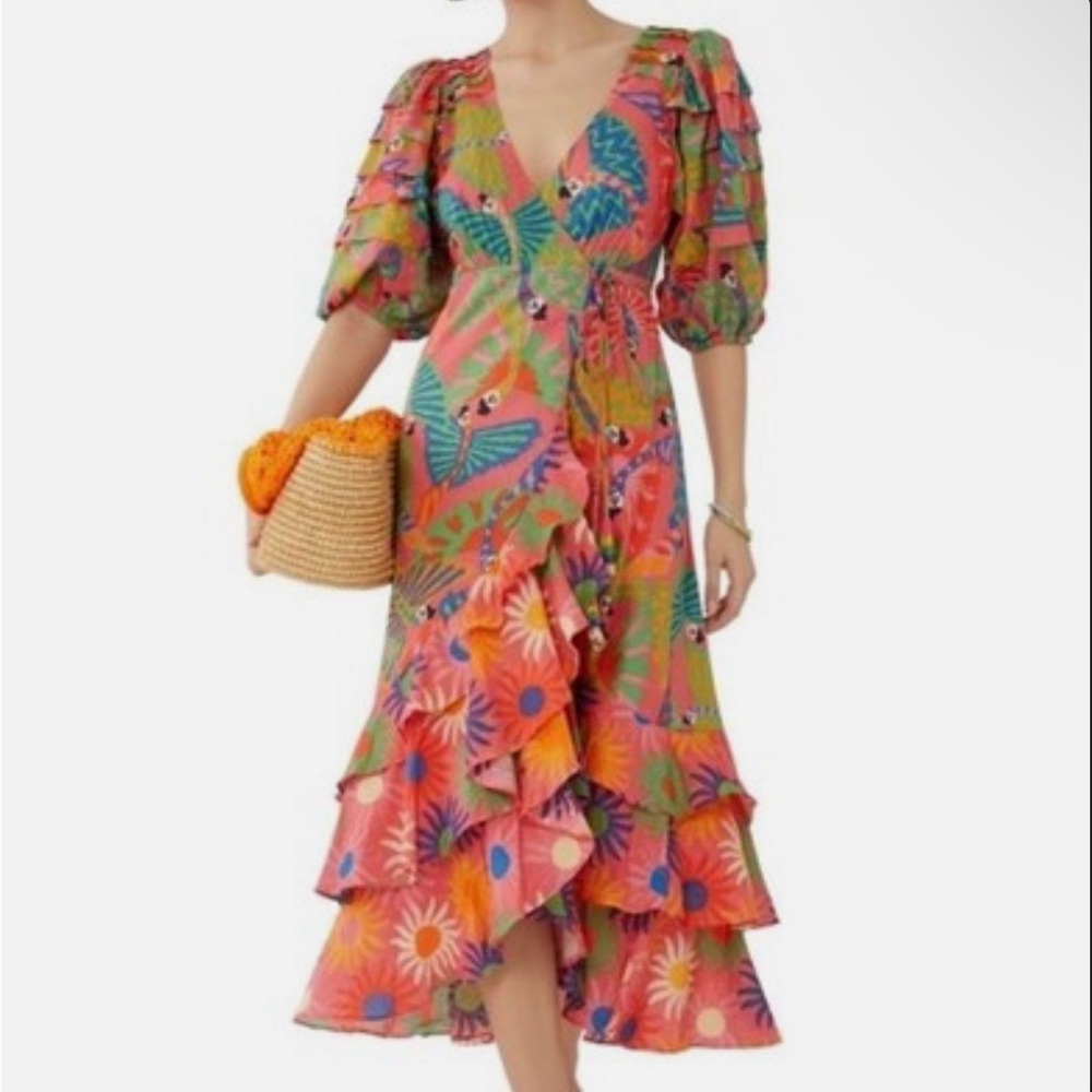 Farm RIO coral mixed graphic macaw puff sleeve midi dress